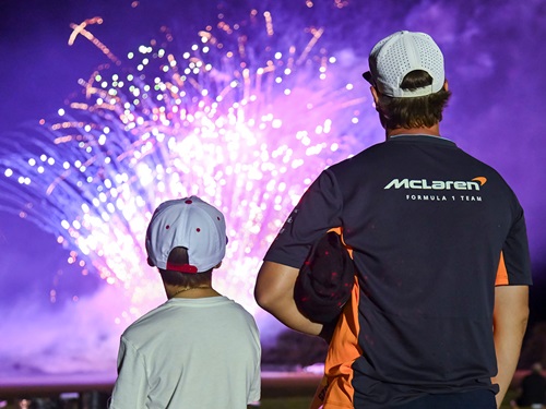 Father and son watch fireworks