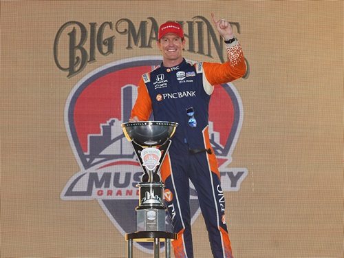 Scott Dixon celebrates winning in Nashville.