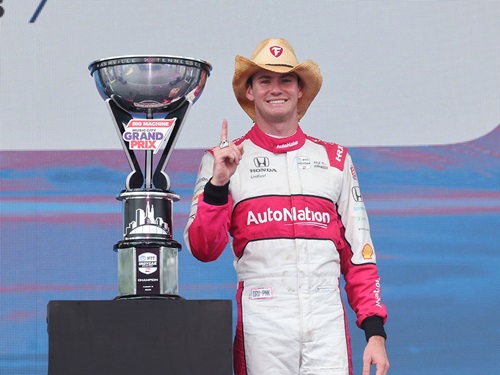 Kyle Kirkwood celebrates winning in Nashville.