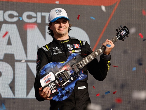 Colton Herta celebrates winning in Nashville.