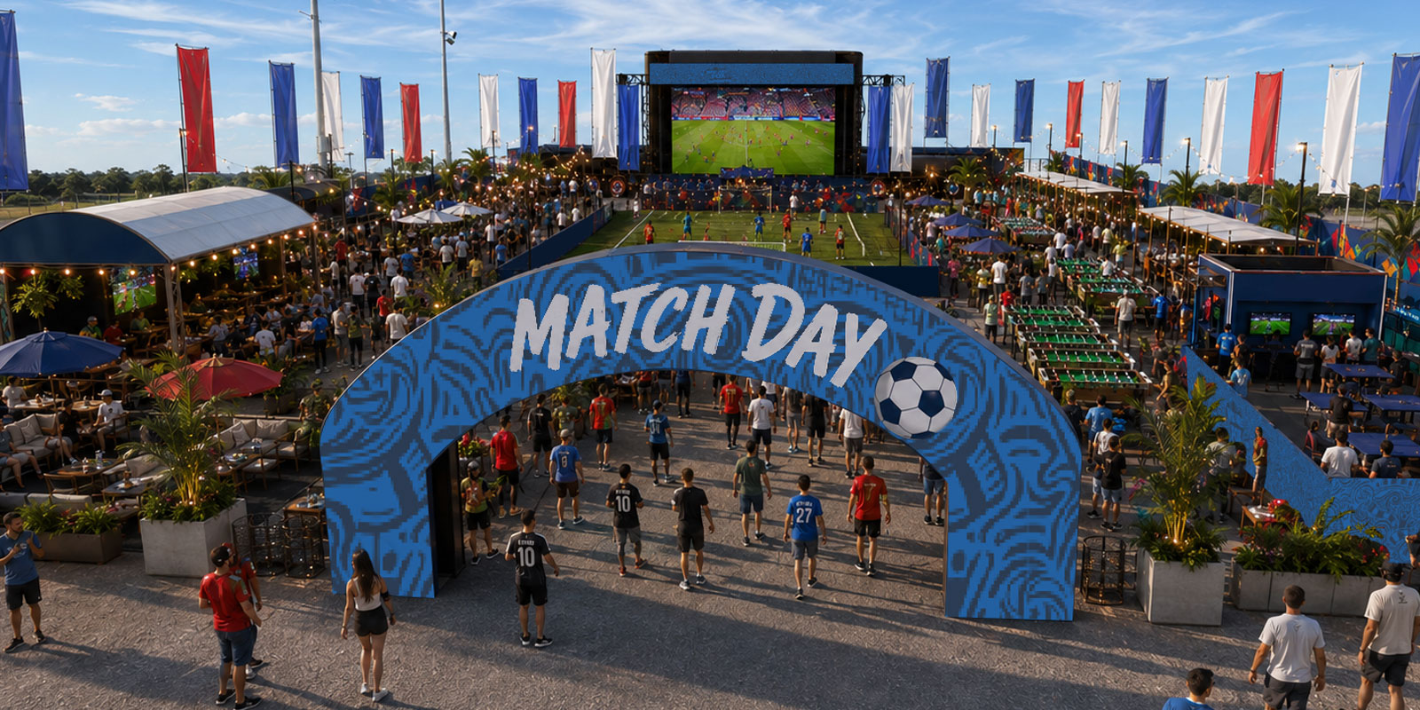 A rendering showcasing The Pub — an immersive soccer-inspired fan zone designed specifically around the World Cup Final experience.