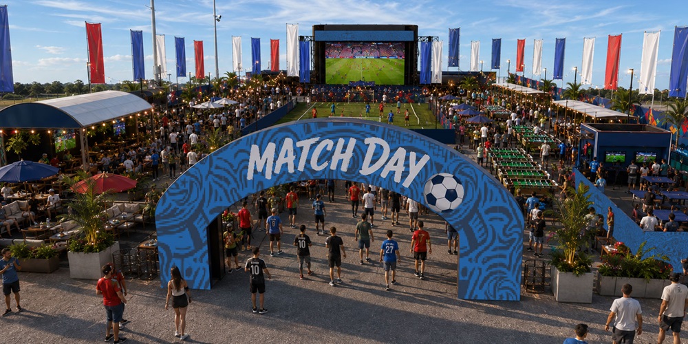 A rendering showcasing The Pub — an immersive soccer-inspired fan zone designed specifically around the World Cup Final experience.