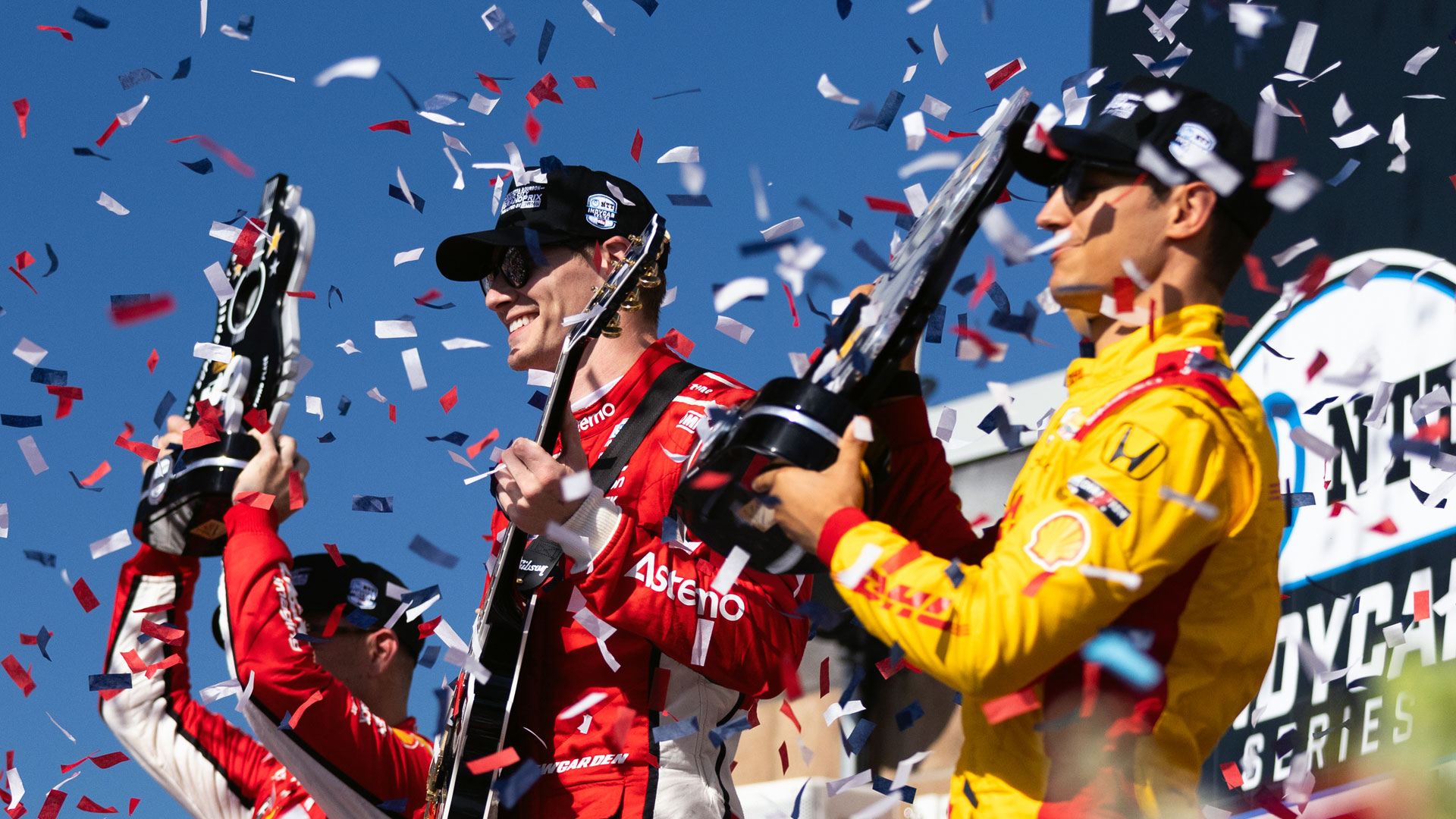 Josef Newgarden and Alex Palou on the podium in 2025
